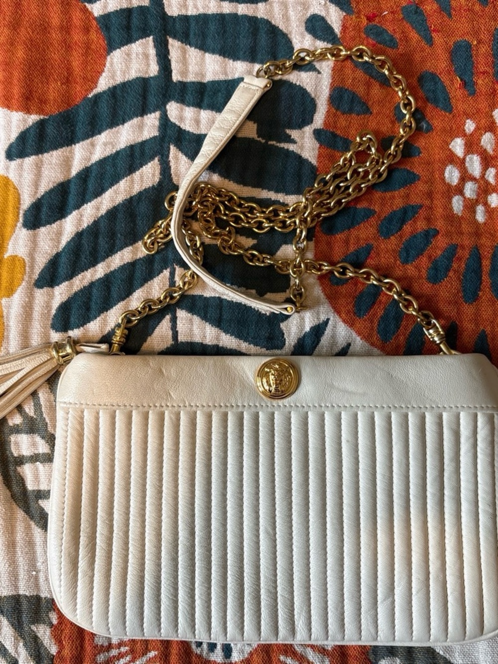 Vintage Anne Klein Cream Quilted Leather Chain Shoulder Bag with Gold Hardware